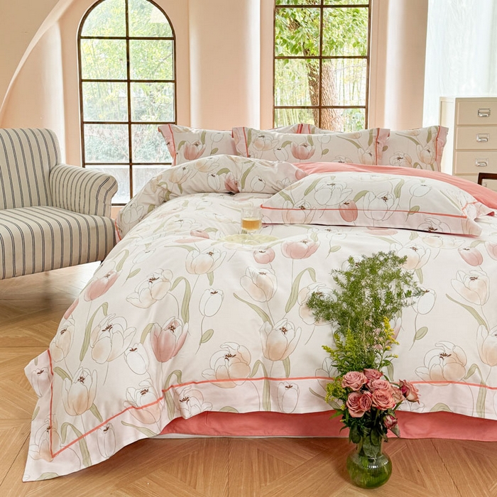 91家纺网 家纺一手货源 找家纺 7V 2025新款轻奢大宽边100%纯棉四件套133*76全棉喷气宽幅长绒棉被套床单床笠套件 玫瑰集-粉