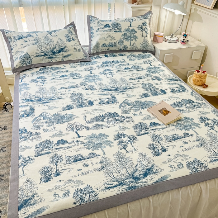 91家纺网 家纺一手货源 找家纺 川悦生活 2025新款600D立体宽边冰丝印花凉席 复古欧庭-蓝