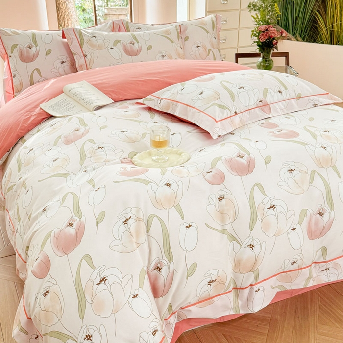 91家纺网 家纺一手货源 找家纺 7V 2025新款轻奢大宽边100%纯棉四件套133*76全棉喷气宽幅长绒棉被套床单床笠套件 玫瑰集-粉