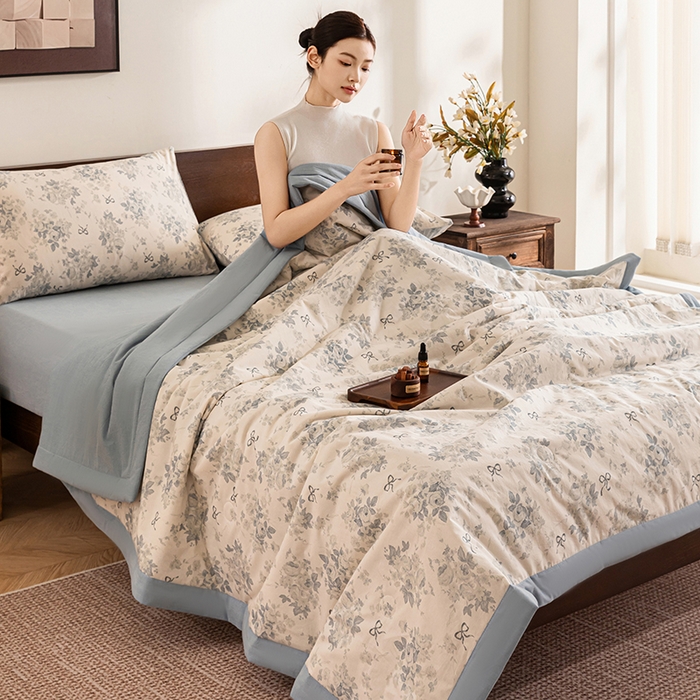 91家纺网 家纺一手货源 找家纺 吾诺 2025 全棉印花单层纱大豆夏被四件套夏凉被空调被子被芯全棉夏被 婉约