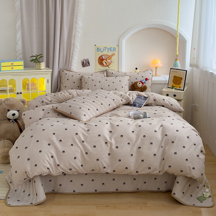 91家纺网 家纺一手货源 找家纺 赫梵茜 2025新款有氧针织双层纱单床盖床盖三件套床盖四件套 格子熊