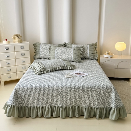 91家纺网 家纺一手货源 找家纺 晨晨 2025春夏新款针织双层纱韩版床盖四件套 茉莉青提
