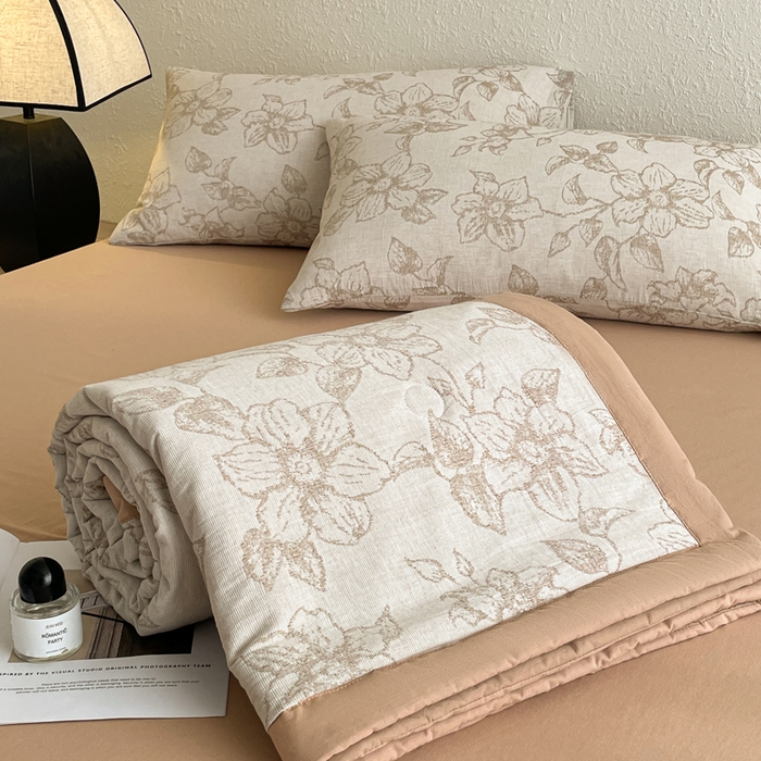 91家纺网 家纺一手货源 找家纺 吾诺 2025 全棉色织提花三层纱夏被四件套全棉夏被大豆夏被夏凉被空调被子被芯 芳菲-咖