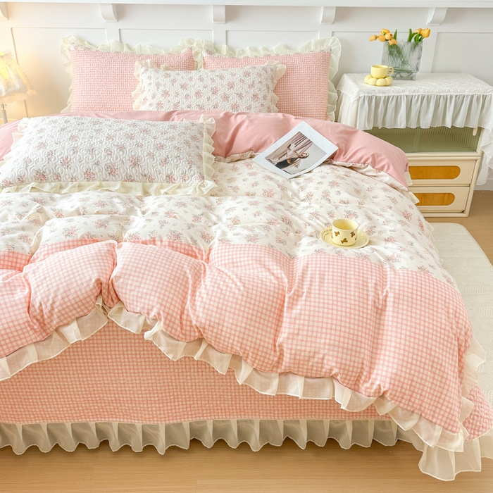 91家纺网 家纺一手货源 找家纺 晨晨家纺 2025新款皱皱纱棉拼色床盖四件套 繁花