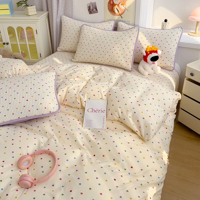 91家纺网 家纺一手货源 找家纺 赫梵茜 2025新款有氧针织双层纱单床盖床盖三件套床盖四件套 彩色心心