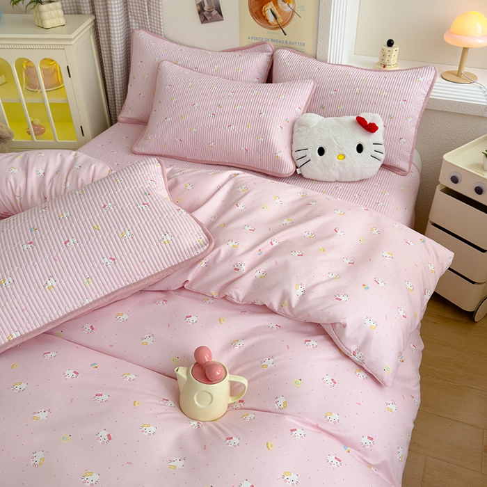 91家纺网 家纺一手货源 找家纺 赫梵茜 2025新款有氧针织双层纱单床盖床盖三件套床盖四件套 kT猫