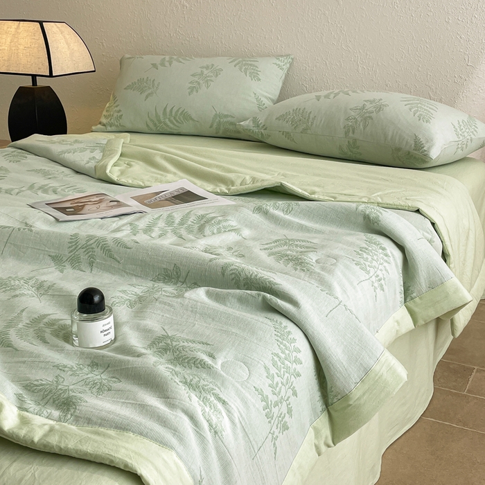 91家纺网 家纺一手货源 找家纺 吾诺 2025 全棉色织提花三层纱夏被四件套全棉夏被大豆夏被夏凉被空调被子被芯 花影-绿