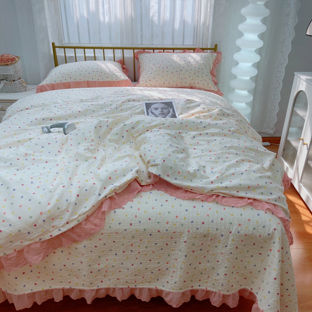 91家纺网 家纺一手货源 找家纺 暖居 2025春夏款高温砂洗棉花床盖三件套被套四件套同款纯棉夏被空调被四季 彩色波点