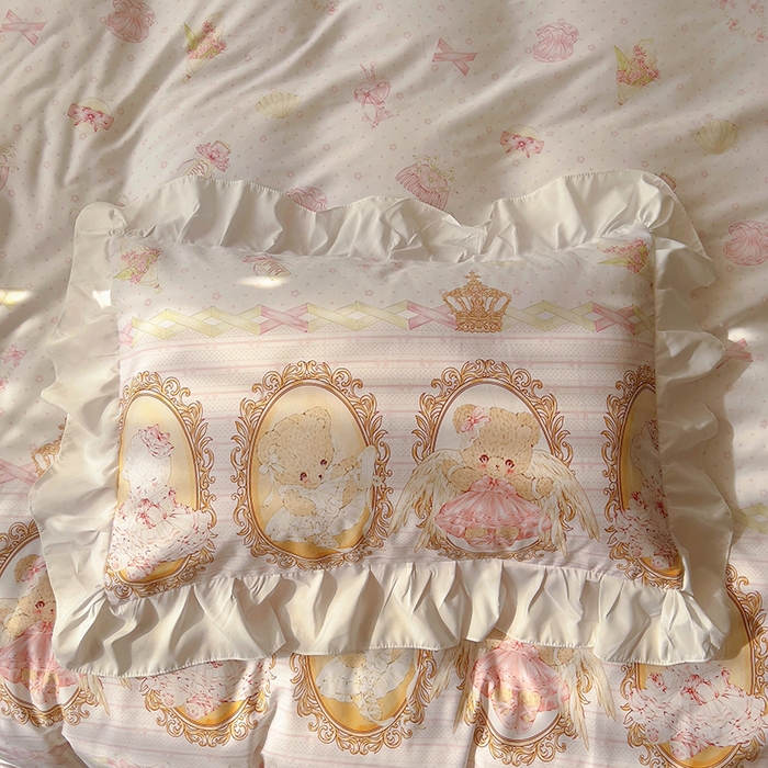 91家纺网 家纺一手货源 找家纺 浩诚 2025新款洛丽塔纯棉花边款四件套 芭蕾小熊-米