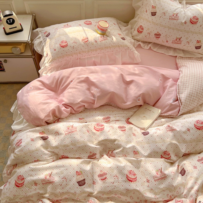 91家纺网 家纺一手货源 找家纺 浩诚 2025新款洛丽塔纯棉花边款四件套 甜点兔子