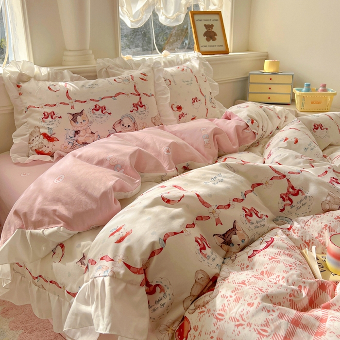 91家纺网 家纺一手货源 找家纺 浩诚 2025新款洛丽塔纯棉花边款四件套 苹果派