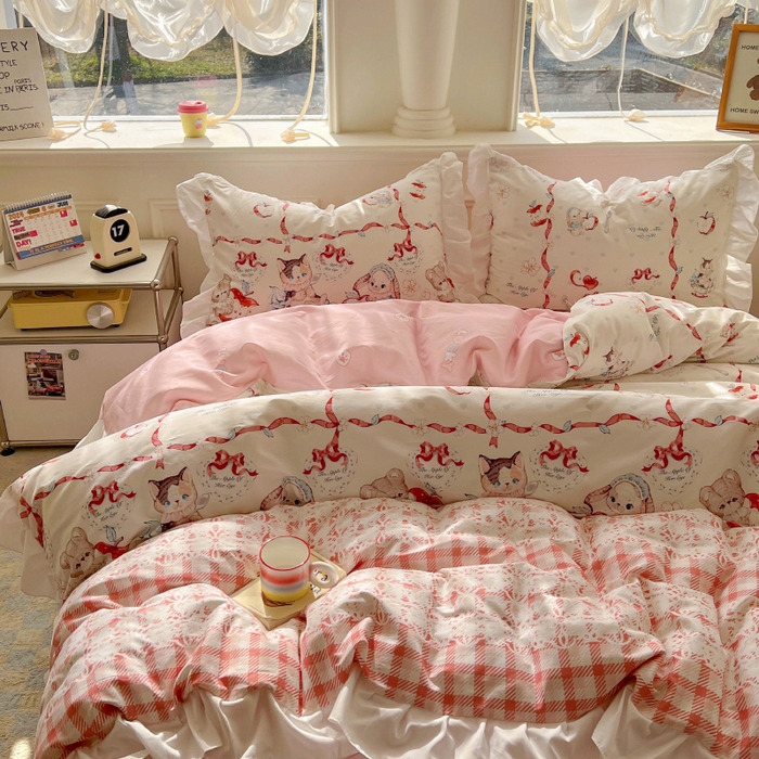 91家纺网 家纺一手货源 找家纺 浩诚 2025新款洛丽塔纯棉花边款四件套 苹果派