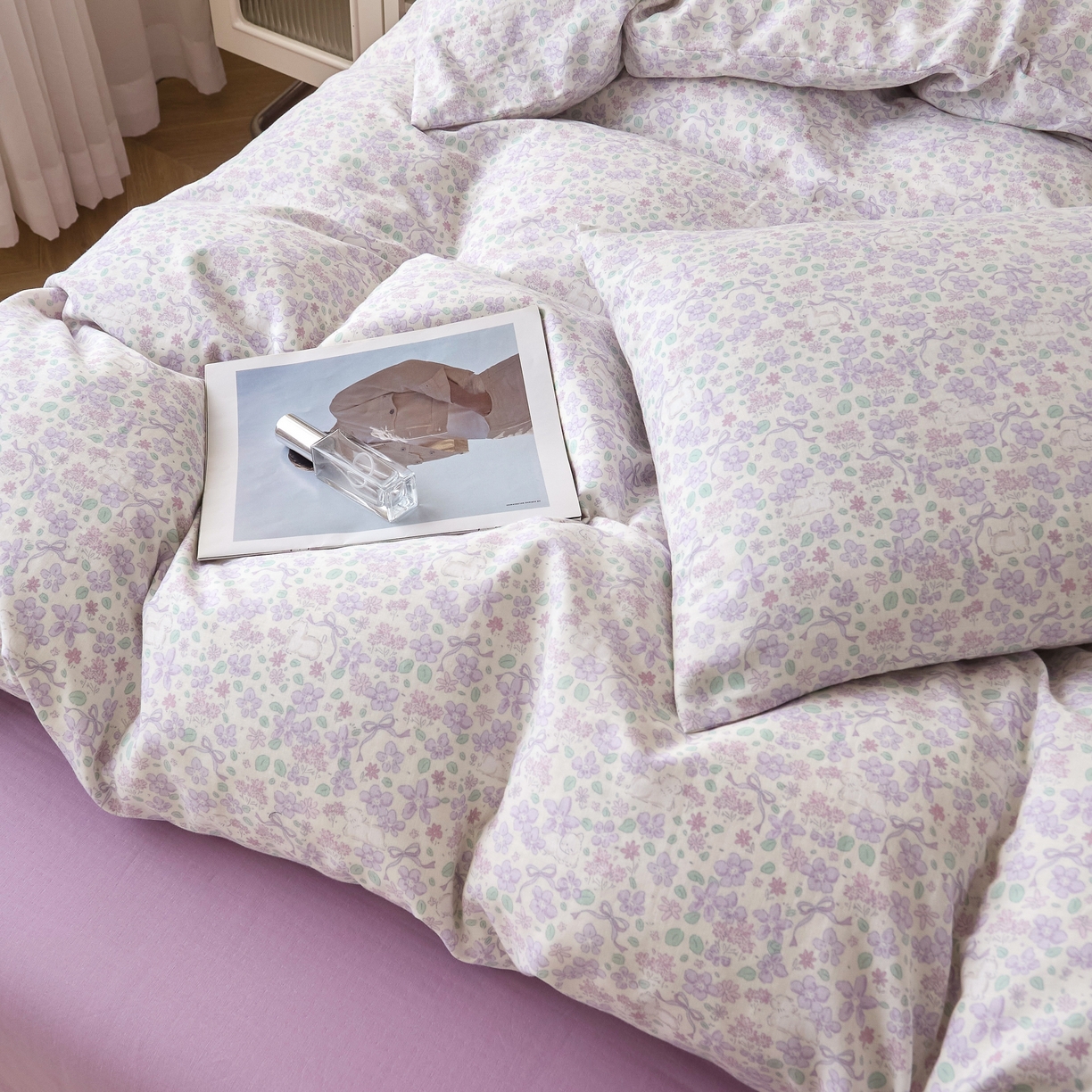 91家纺网 家纺一手货源 找家纺 嘉汀兰家居 2025新款圆角花边款全棉纯棉A类母婴级有氧全棉双层纱亲肤全棉小清新印花四件套 春意