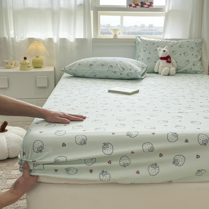 91家纺网 家纺一手货源 找家纺 新印象2025新款直角纯棉老粗布套件 床笠款 老粗布-草莓蓝 (