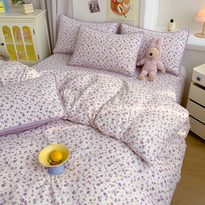 91家纺网 家纺一手货源 找家纺 赫梵茜 2025新款有氧针织双层纱单床盖床盖三件套床盖四件套 花语-紫