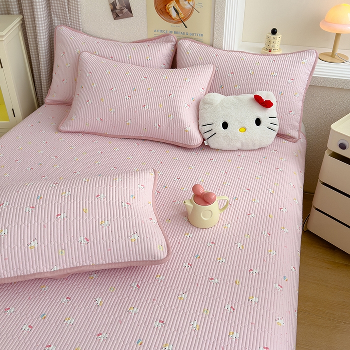 91家纺网 家纺一手货源 找家纺 赫梵茜 2025新款有氧针织双层纱单床盖床盖三件套床盖四件套 kT猫