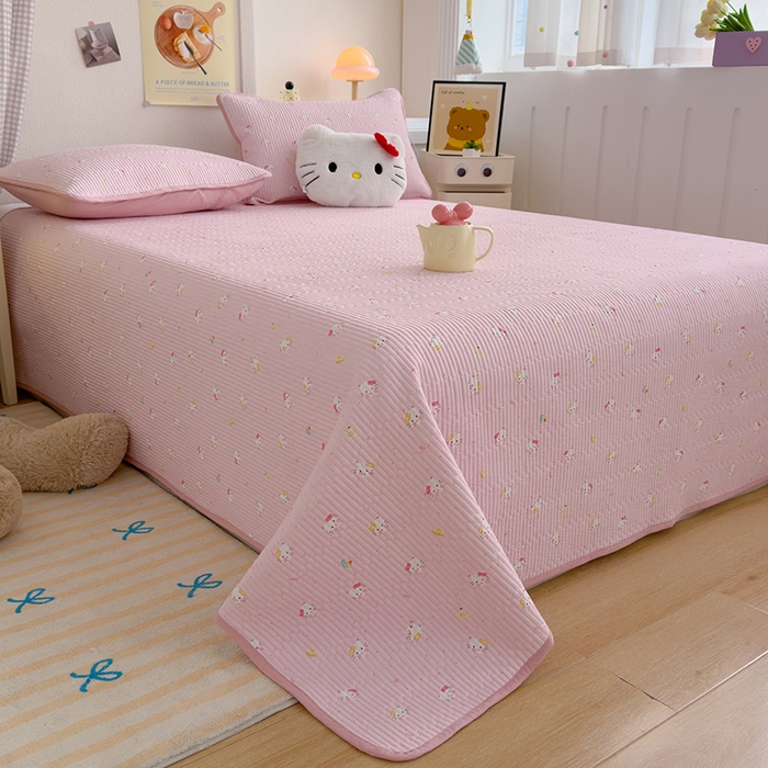 91家纺网 家纺一手货源 找家纺 赫梵茜 2025新款有氧针织双层纱单床盖床盖三件套床盖四件套 kT猫