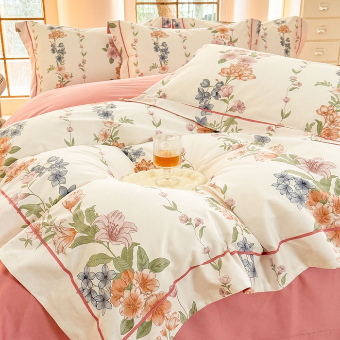 91家纺网 家纺一手货源 找家纺 7V 2025新款轻奢大宽边100%纯棉四件套133*76全棉喷气宽幅长绒棉被套床单床笠套件 眷恋