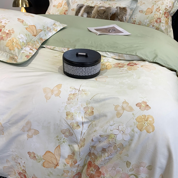 91家纺网 家纺一手货源 找家纺 莱豫家纺 2025新款50支长绒棉数码印花四件套 蝶漫