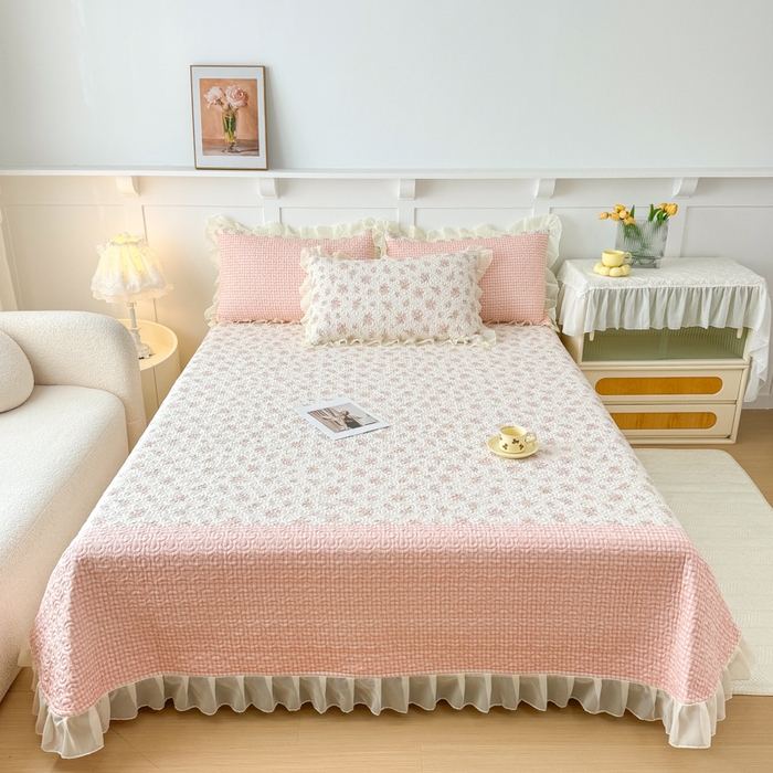 91家纺网 家纺一手货源 找家纺 晨晨家纺 2025新款皱皱纱棉拼色床盖四件套 繁花