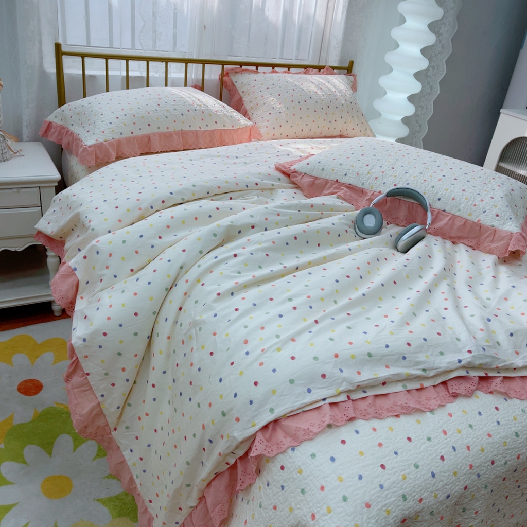 91家纺网 家纺一手货源 找家纺 暖居 2025春夏款高温砂洗棉花床盖三件套被套四件套同款纯棉夏被空调被四季 彩色波点