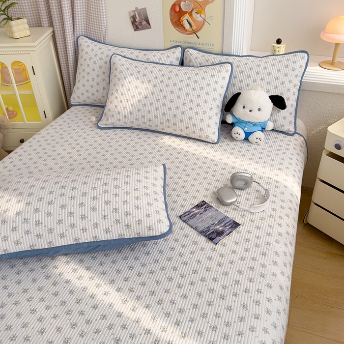 91家纺网 家纺一手货源 找家纺 赫梵茜 2025新款有氧针织双层纱单床盖床盖三件套床盖四件套 沐兰花开