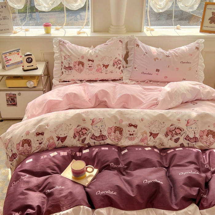 91家纺网 家纺一手货源 找家纺 浩诚 2025新款洛丽塔纯棉花边款四件套 草莓巧克力