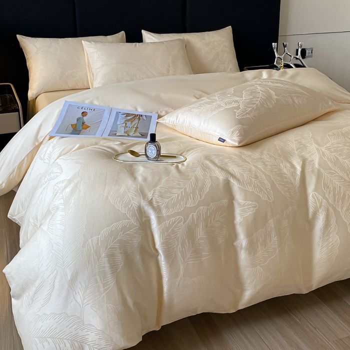 91家纺网 家纺一手货源 找家纺 2025新款60s长绒棉提花四件套 叶繁-奶昔白