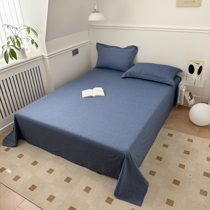 91家纺网 家纺一手货源 找家纺 嘉汀兰家居  2025新款A类母婴级有氧全棉色织水洗棉小清新印花床单单品单床单床单单件 牛仔蓝