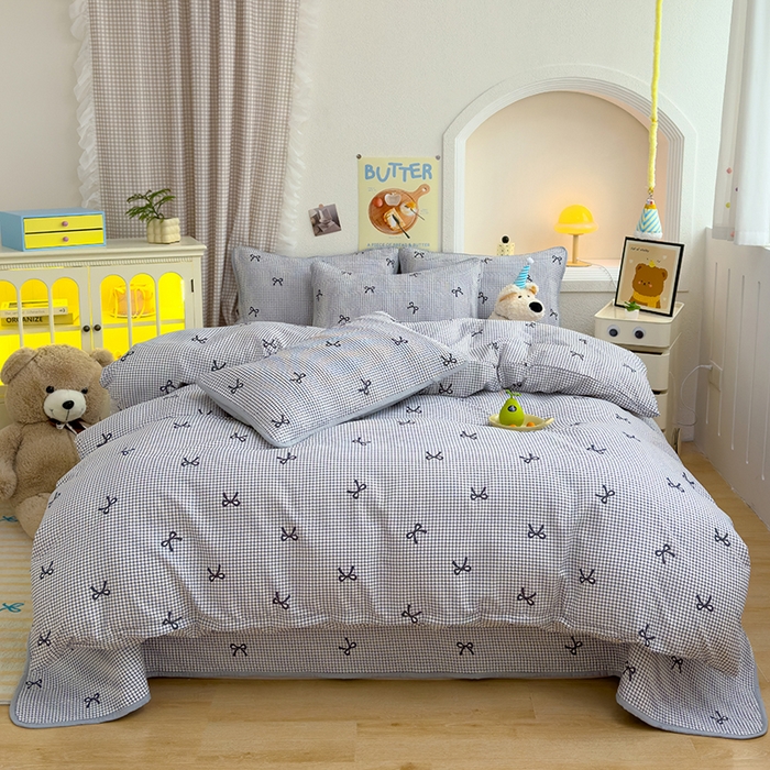 91家纺网 家纺一手货源 找家纺 赫梵茜 2025新款有氧针织双层纱单床盖床盖三件套床盖四件套 格子蝴蝶结