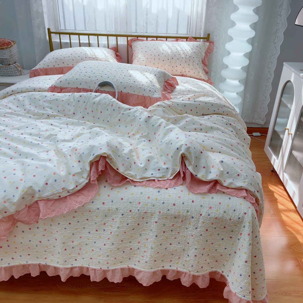 91家纺网 家纺一手货源 找家纺 暖居 2025春夏款高温砂洗棉花床盖三件套被套四件套同款纯棉夏被空调被四季 彩色波点
