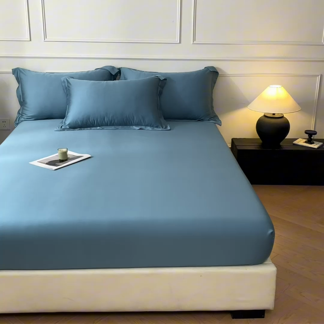 91家纺网 家纺一手货源 找家纺 涵宸2025新款天丝-天丝棉-纯色单床笠-场景1 床笠-星耀兰