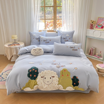 恋绒2025新款亲肤全棉水洗棉纯棉贴布绣立体刺绣四件套系列—暗合款（提供买家秀）（送同款抱枕） 羊咩咩-蓝