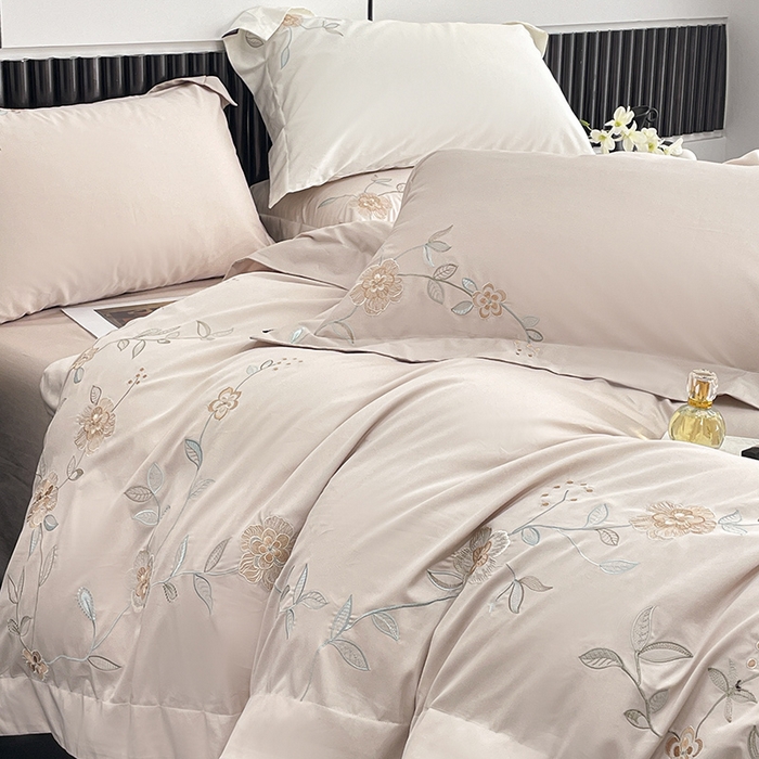 91家纺网 家纺一手货源 找家纺 2025新款春夏新款A类长绒棉全工艺刺绣四件套纯棉全棉轻奢风直播高端床上用品 蔓艺-颜粉