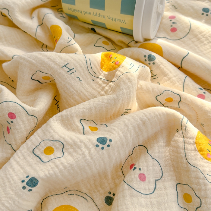 91家纺网 家纺一手货源 找家纺 芯恋 2025新款母婴级全棉皱皱纱儿童被双层纱夏被 荷包蛋