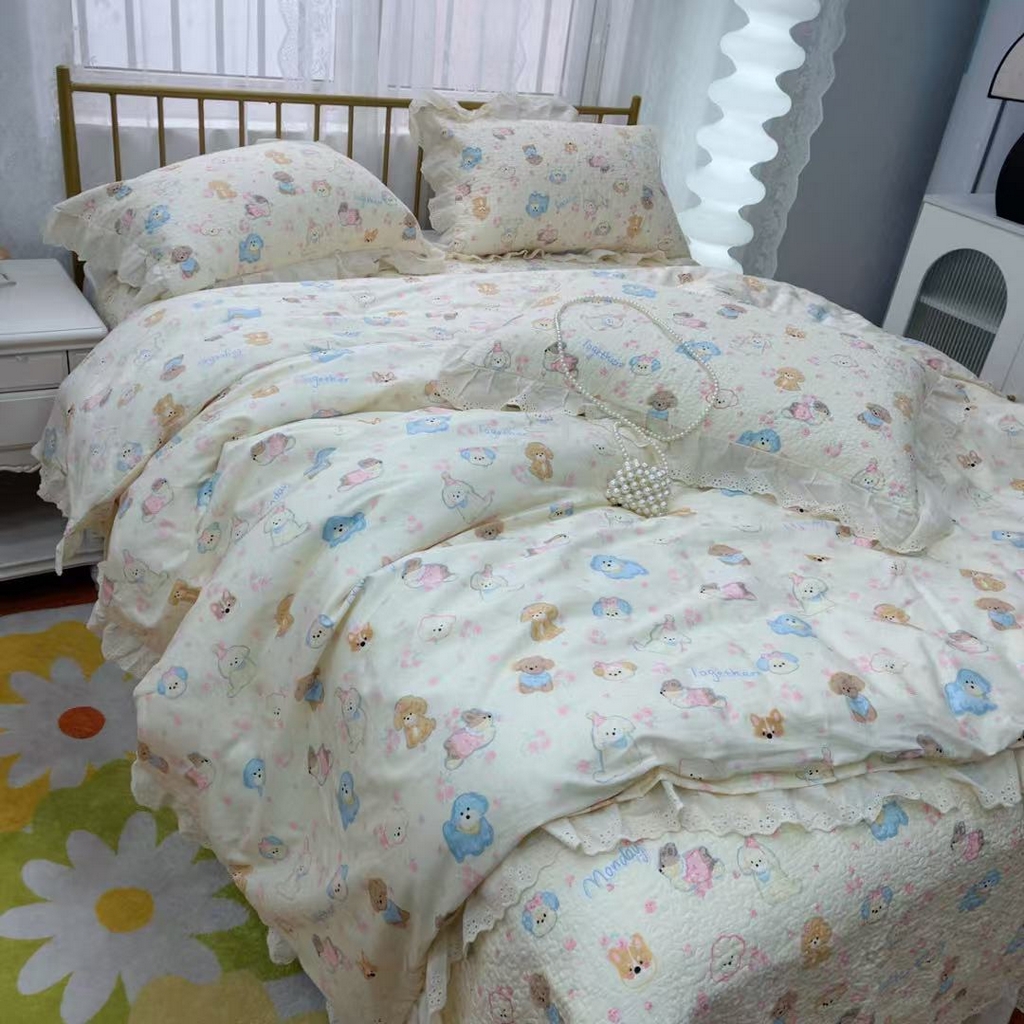 91家纺网 家纺一手货源 找家纺 暖居 2025春夏款高温砂洗棉花床盖三件套被套四件套同款纯棉夏被空调被四季 泡芙小奶狗