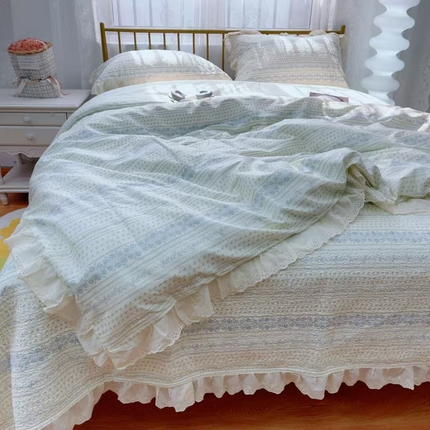 暖居 2025春夏款高温砂洗棉花床盖三件套被套四件套同款纯棉夏被空调被四季 蓝颜