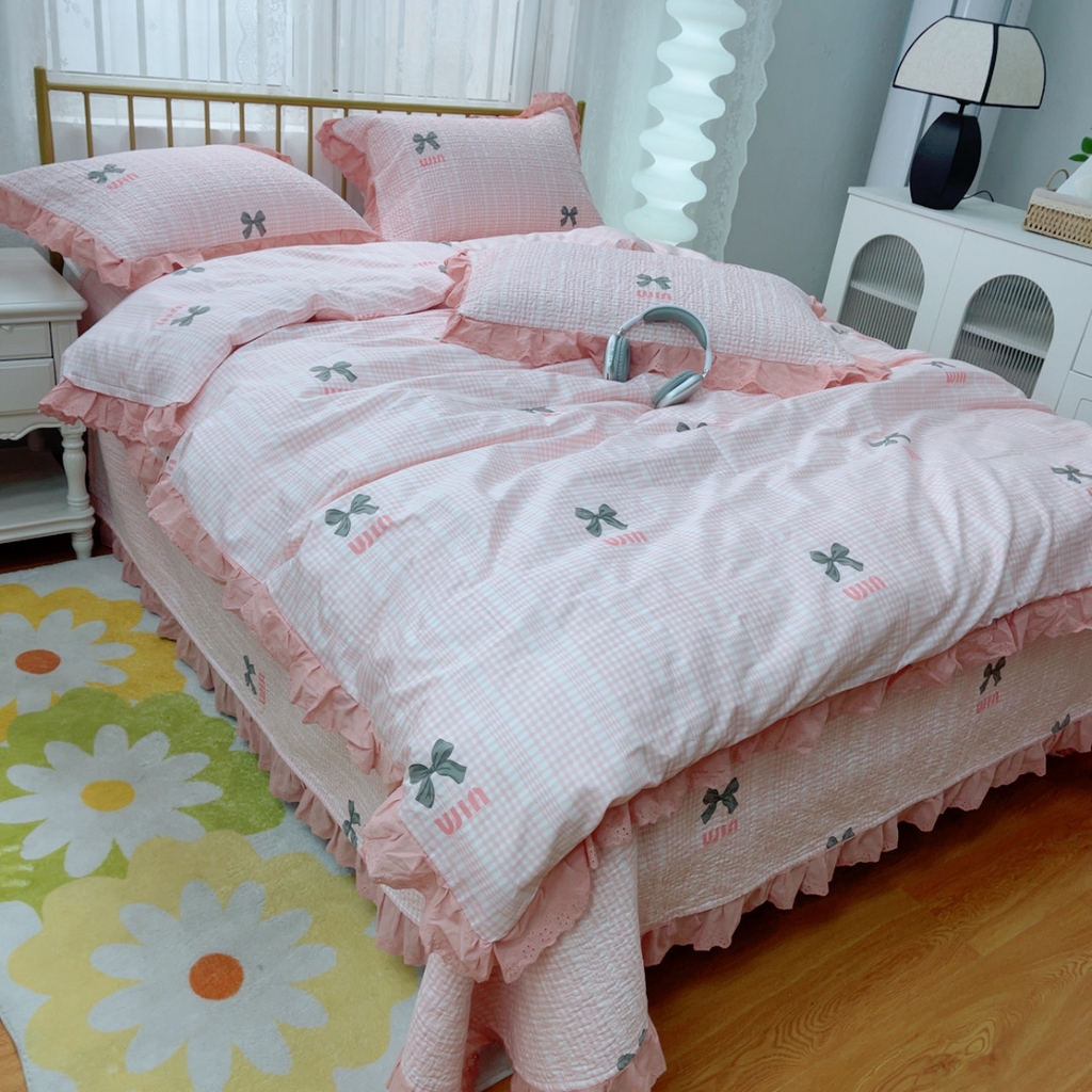 91家纺网 家纺一手货源 找家纺 暖居 2025春夏款高温砂洗棉花床盖三件套被套四件套同款纯棉夏被空调被四季 蝴蝶结粉色