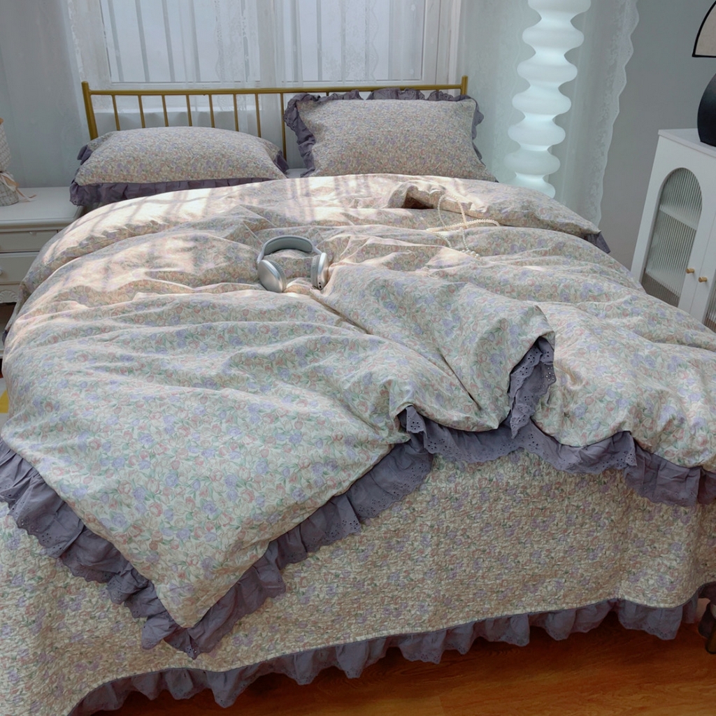 91家纺网 家纺一手货源 找家纺 暖居 2025春夏款高温砂洗棉花床盖三件套被套四件套同款纯棉夏被空调被四季 紫韵