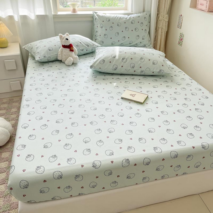 91家纺网 家纺一手货源 找家纺 新印象2025新款直角纯棉老粗布套件 床笠款 老粗布-草莓蓝 (