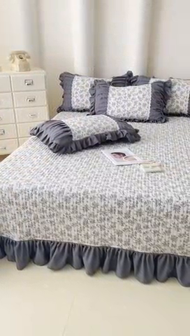 91家纺网 家纺一手货源 找家纺 晨晨 2025春夏新款针织双层纱韩版床盖四件套 萱花-灰