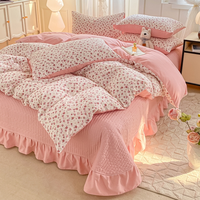 91家纺网 家纺一手货源 找家纺 一比一家纺 2025新款针织双层纱床盖四件套 春日小花