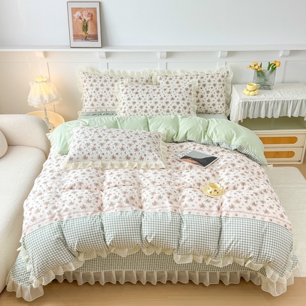 晨晨家纺 2025新款皱皱纱棉拼色床盖四件套 花海