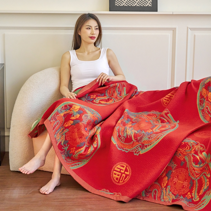 91家纺网 家纺一手货源 找家纺 棠薇家纺 2025新款60S长绒棉纯棉纱布毛巾被 龙凤呈祥