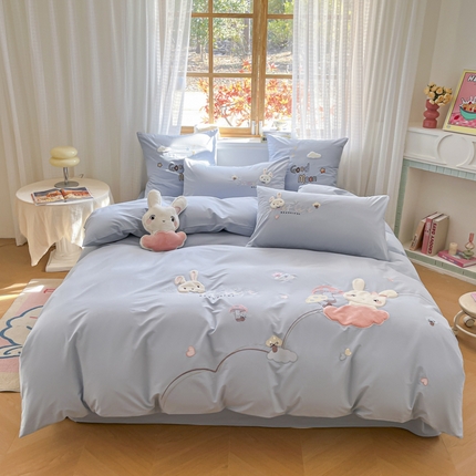 恋绒2025新款亲肤全棉水洗棉纯棉贴布绣立体刺绣四件套系列—暗合款（提供买家秀）（送同款抱枕） 亲亲小兔-蓝
