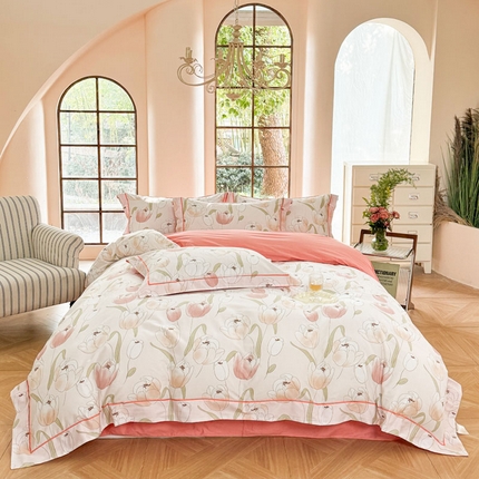 7V 2025新款轻奢大宽边100%纯棉四件套133*76全棉喷气宽幅长绒棉被套床单床笠套件 玫瑰集-粉