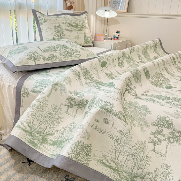 91家纺网 家纺一手货源 找家纺 川悦生活 2025新款600D立体宽边冰丝印花凉席 复古欧庭-绿