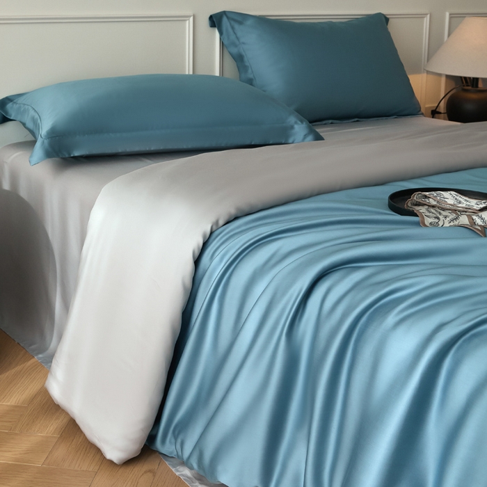 91家纺网 家纺一手货源 找家纺 涵宸2025新款天丝-天丝棉-纯色四件套-场景1 星耀兰+时尚灰