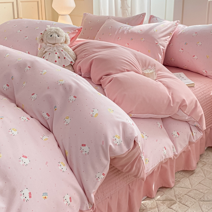 91家纺网 家纺一手货源 找家纺 一比一家纺 2025新款针织双层纱床盖四件套 凯蒂猫