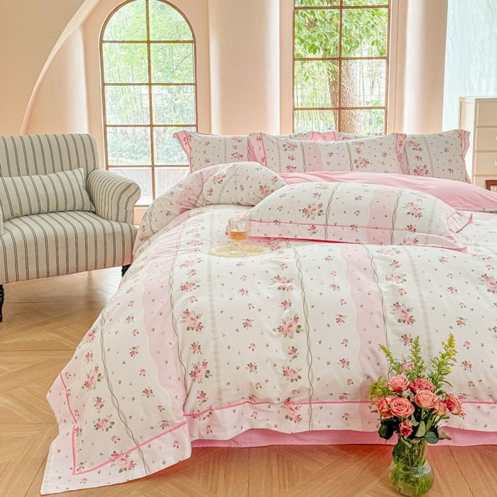 91家纺网 家纺一手货源 找家纺 7V 2025新款轻奢大宽边100%纯棉四件套133*76全棉喷气宽幅长绒棉被套床单床笠套件 沐遇玫瑰